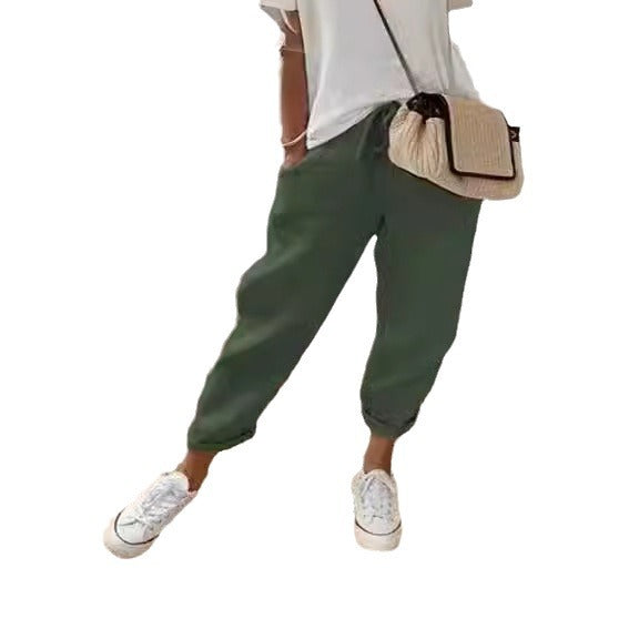 Women's linen jogger pants with drawstring, loose tapered fit and rolled hems Fashion Glam