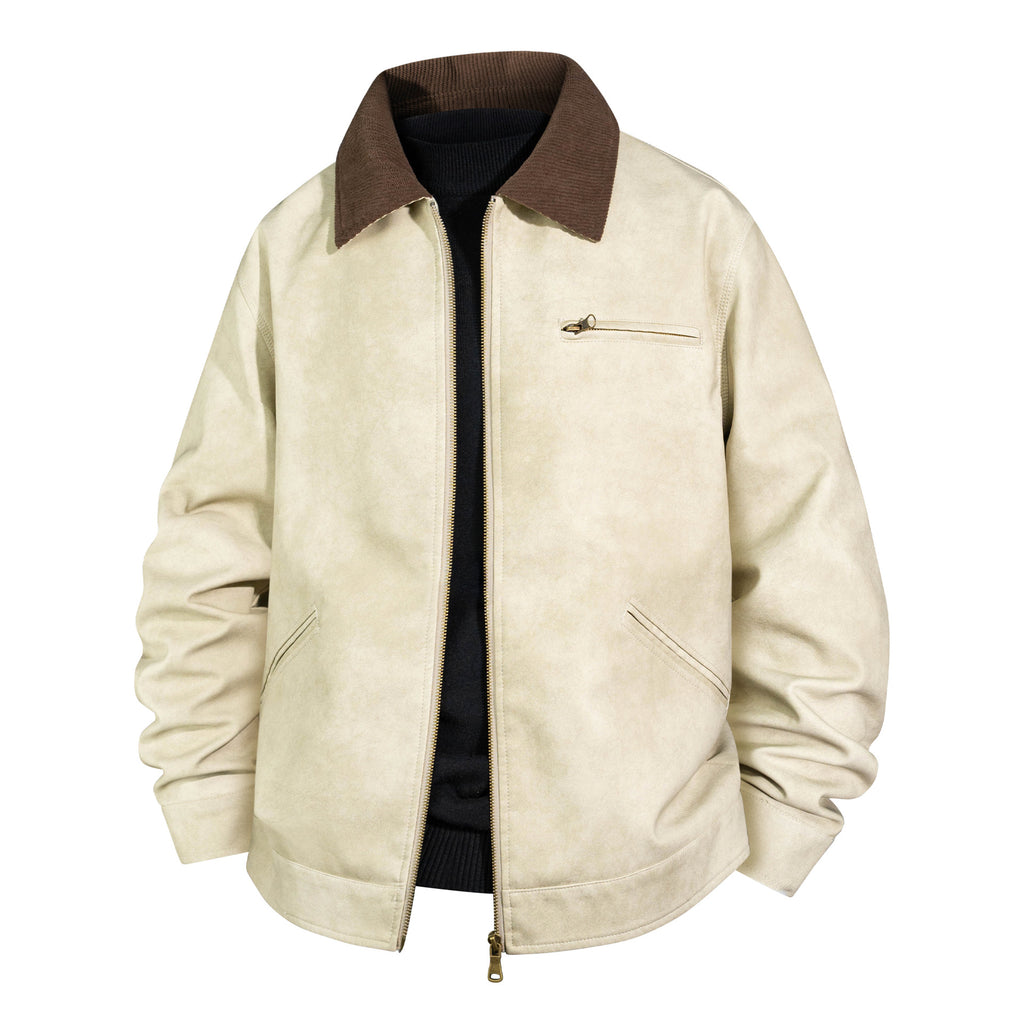 Men's Vintage Leather Bomber Jacket with Ribbed Collar Fashion Glam