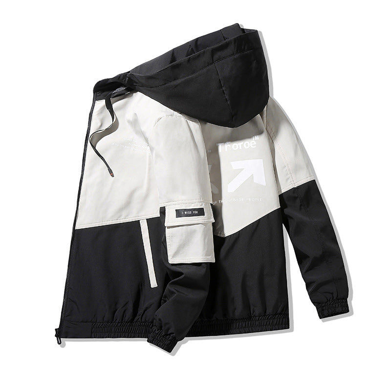 Men's Colorblock Hooded Utility Jacket with Print Details and Tactical Pockets Fashion Glam