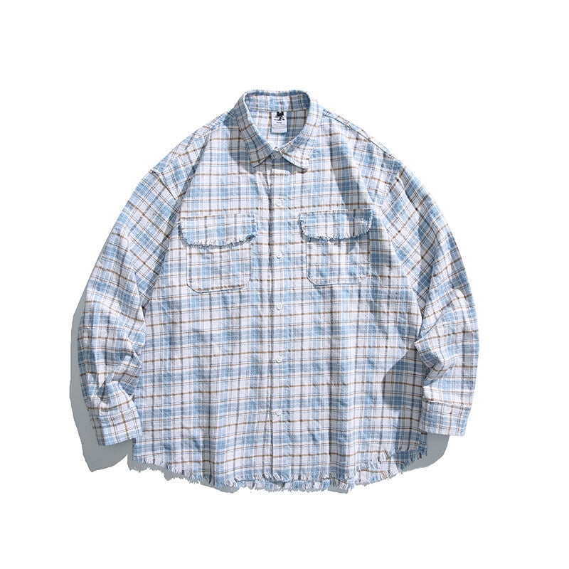 Unisex Boxy overshirt in checked linen blend with frayed hem and patch pockets Fashion Glam