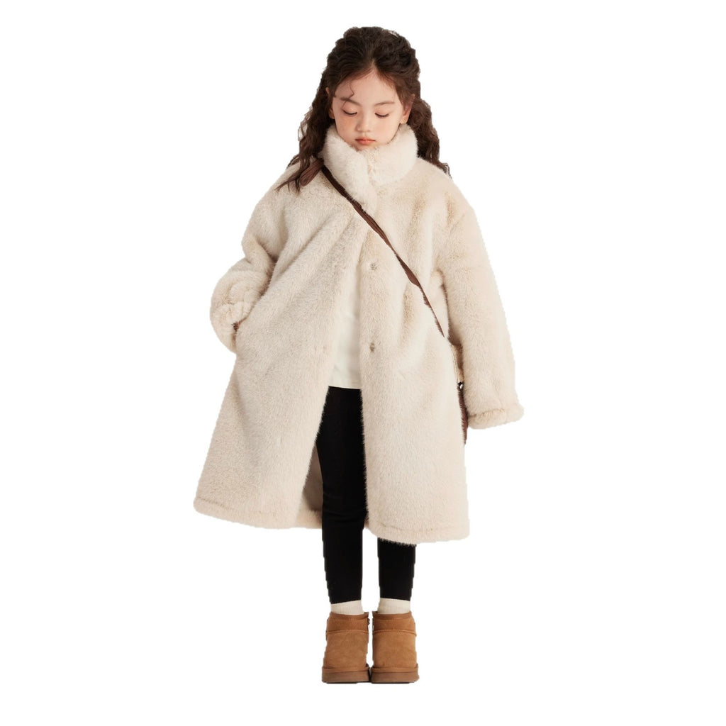 Ladies Cozy Faux Fur Coat with High Stand-Up Collar and Straight Cut Fashion Glam