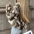 Women's short jacket in a faux fur mix with striped effect and stand-up collar Fashion Glam