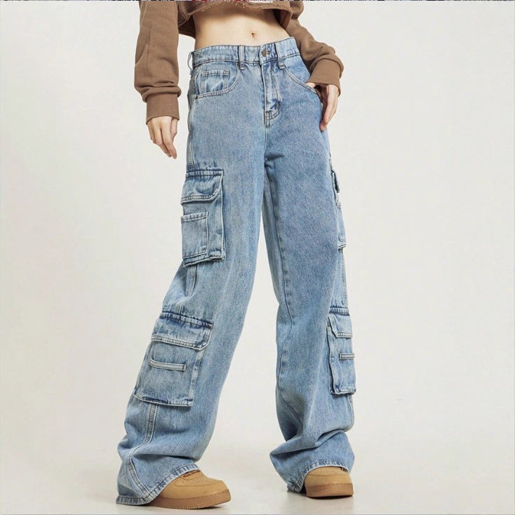 Women's High-Cut Baggy Cargo Jeans with Multiple Utility Pockets Fashion Glam