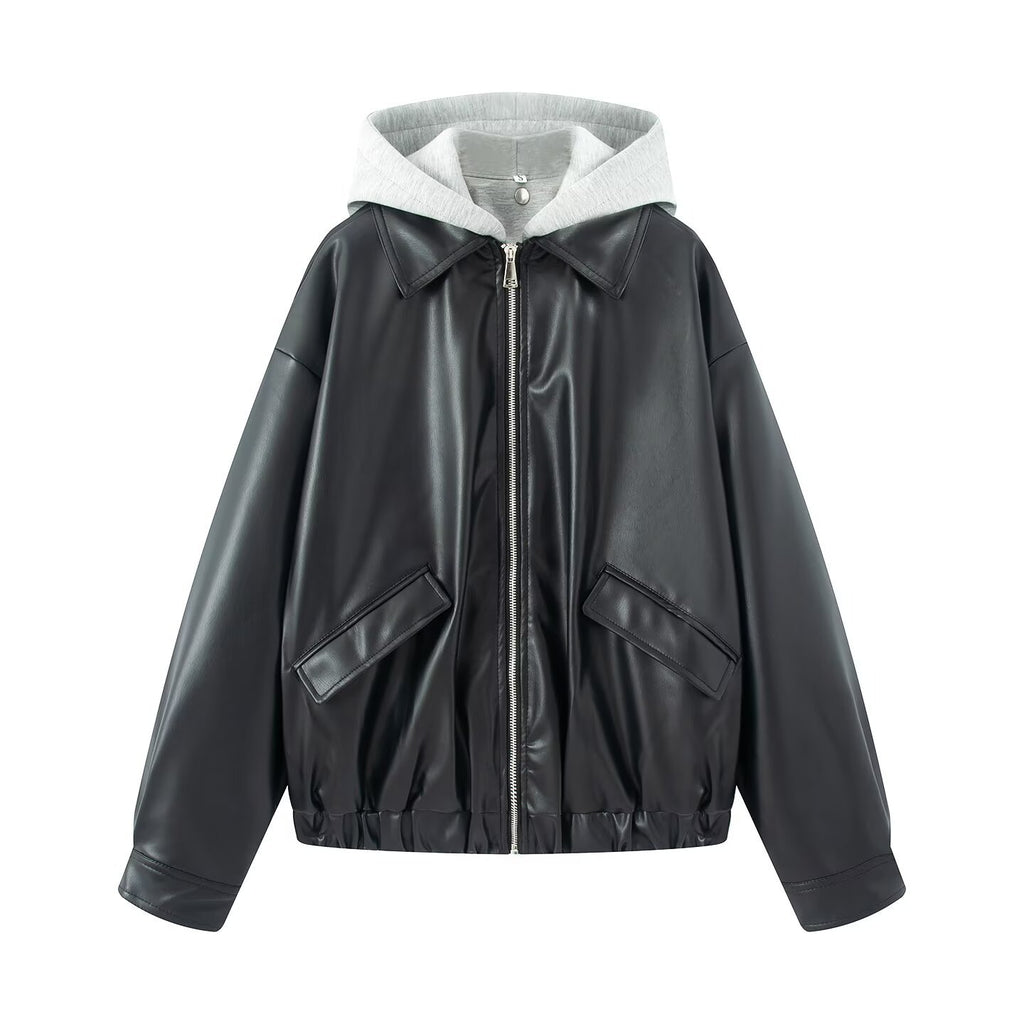 Women Oversize Faux Leather Blouson with Hood Insert and Flap Pockets Fashion Glam