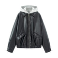 Women Oversize Faux Leather Blouson with Hood Insert and Flap Pockets Fashion Glam