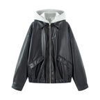 Women Oversize Faux Leather Blouson with Hood Insert and Flap Pockets Fashion Glam