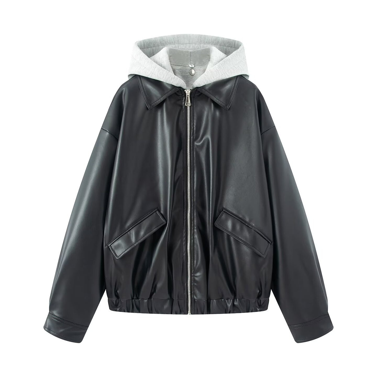 Women Oversize Faux Leather Blouson with Hood Insert and Flap Pockets Fashion Glam