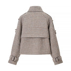 Ladies short jacket in houndstooth with stand-up collar, double-breasted and waist details Fashion Glam