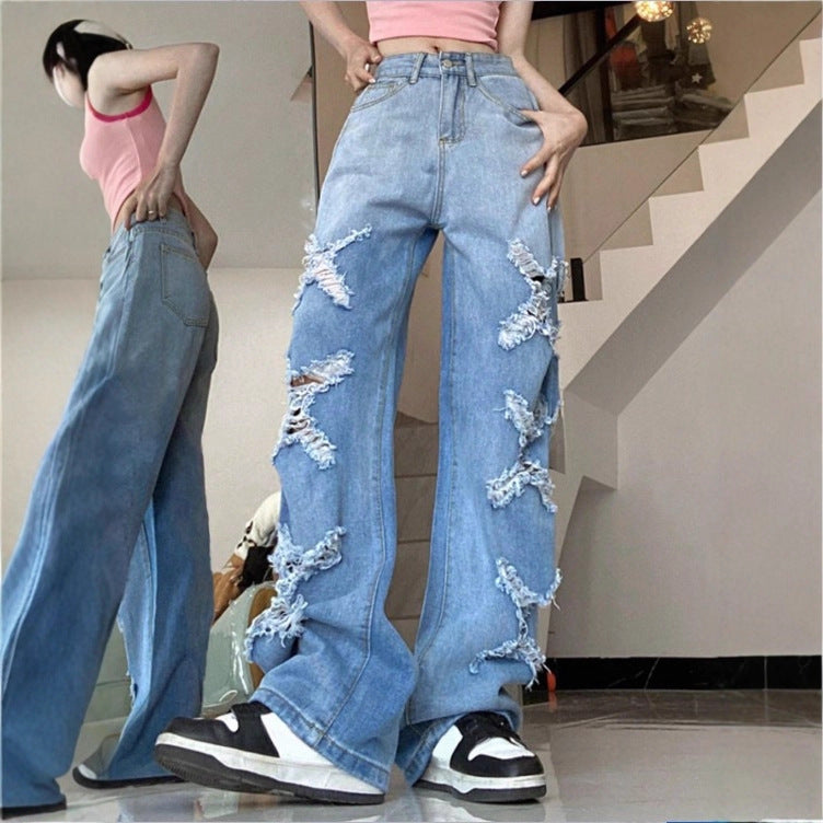 Women's Loose Denim Jeans in Baggy Style with Decorative Fringe Star Appliqués Fashion Glam