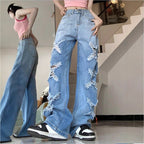 Women's Loose Denim Jeans in Baggy Style with Decorative Fringe Star Appliqués Fashion Glam