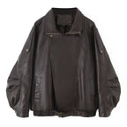 Women's Oversized Faux Leather Bomber Jacket with Asymmetrical Zipper and Waistband Fashion Glam