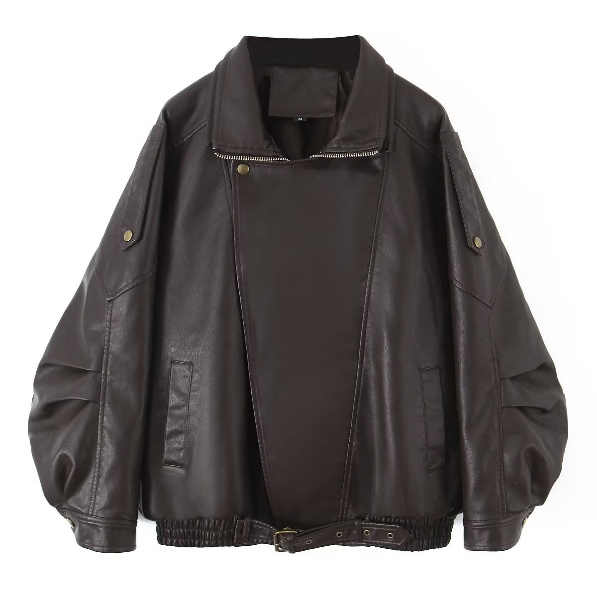 Women's Oversized Faux Leather Bomber Jacket with Asymmetrical Zipper and Waistband Fashion Glam