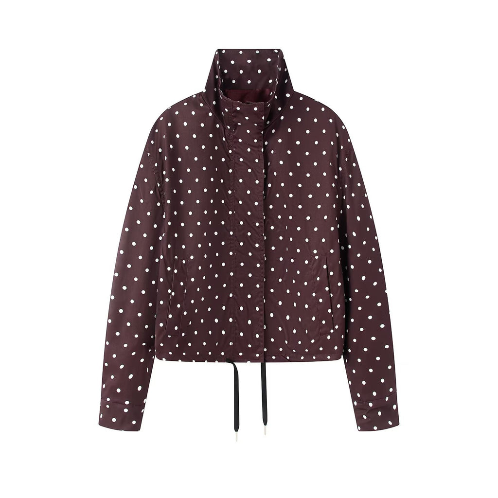 Women's Short Dotted Rain Jacket with Stand-Up Collar and Drawstring Fashion Glam