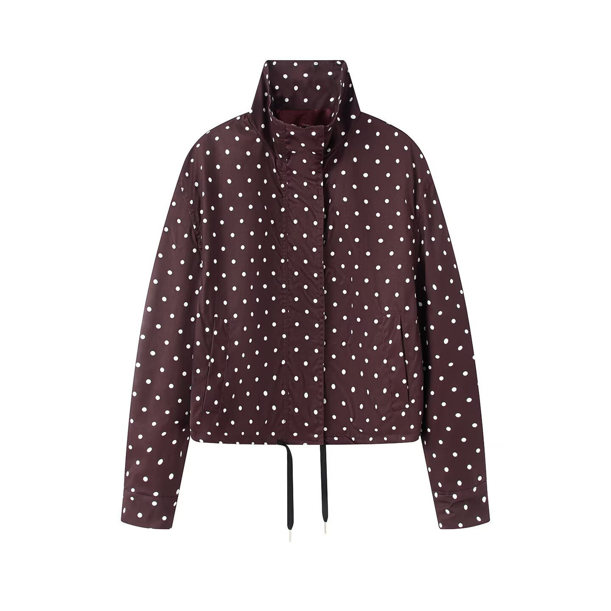 Women's Short Dotted Rain Jacket with Stand-Up Collar and Drawstring Fashion Glam