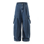 Unisex Wide Cargo Jeans with High Waist, Panel Seams and Flap Pockets Fashion Glam