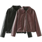 Women Short Oversized Leather Look Jacket with Zipper, Hem Band and Kent Collar Fashion Glam