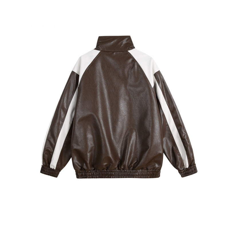 Unisex Retro-inspired Faux Leather Bomber Jacket with Stand-up Collar, Contrast Stripes and Letter Patch Fashion Glam