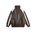 Unisex Retro-inspired Faux Leather Bomber Jacket with Stand-up Collar, Contrast Stripes and Letter Patch Fashion Glam