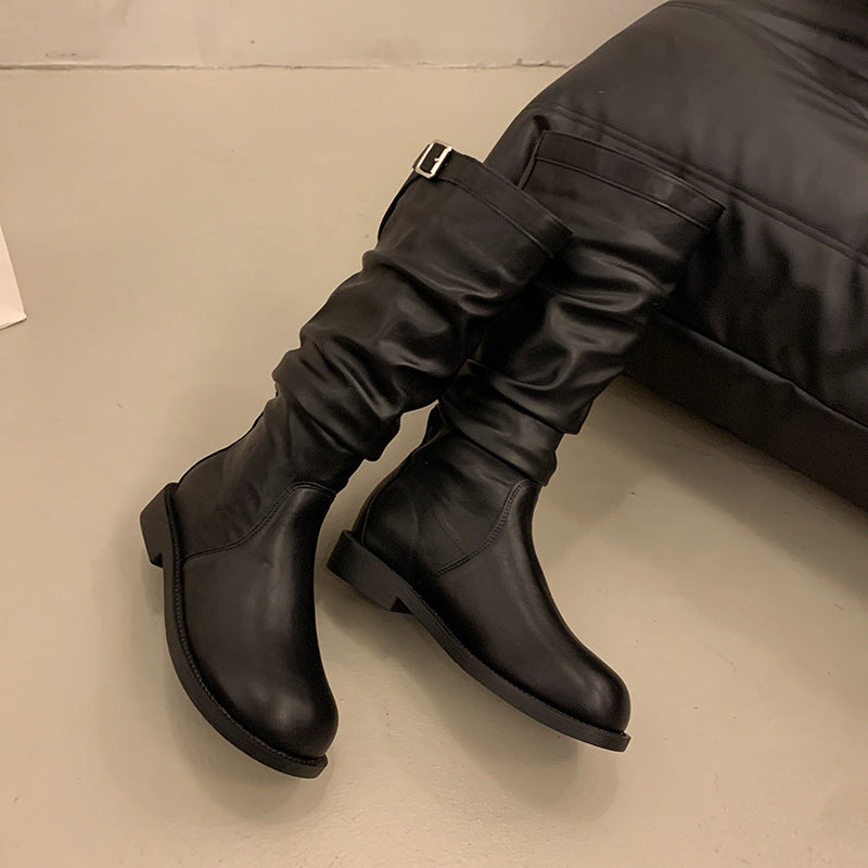 Women's suede knee-high boots with gathered shaft and adjustable buckle tab Fashion Glam