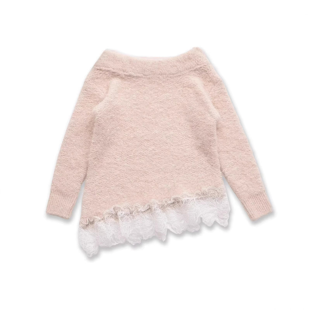 Women's Fuzzy Knit Sweater with Off-the-Shoulder Neckline and Lace Trim Fashion Glam