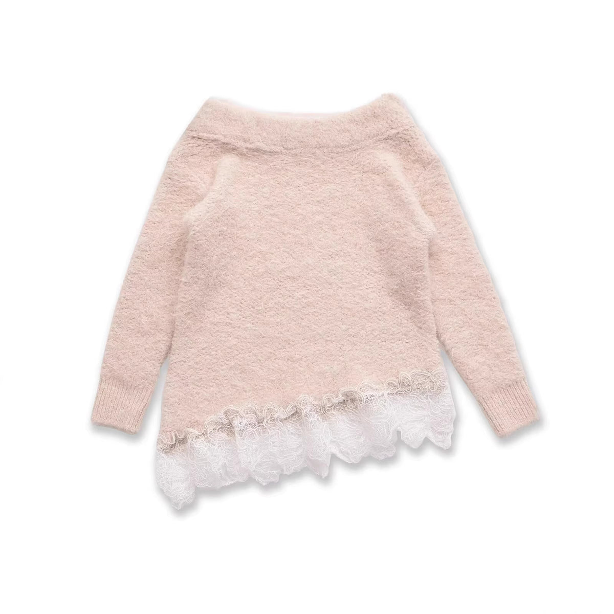 Women's Fuzzy Knit Sweater with Off-the-Shoulder Neckline and Lace Trim Fashion Glam