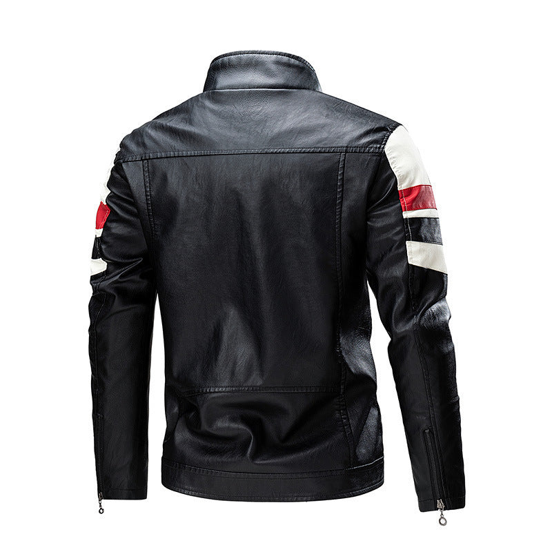 Men's retro-inspired motorcycle leather jacket with racing stripes and stand-up collar Fashion Glam