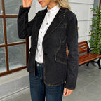 Women's tailored denim blazer jacket with lapel collar and contrasting stitching Fashion Glam