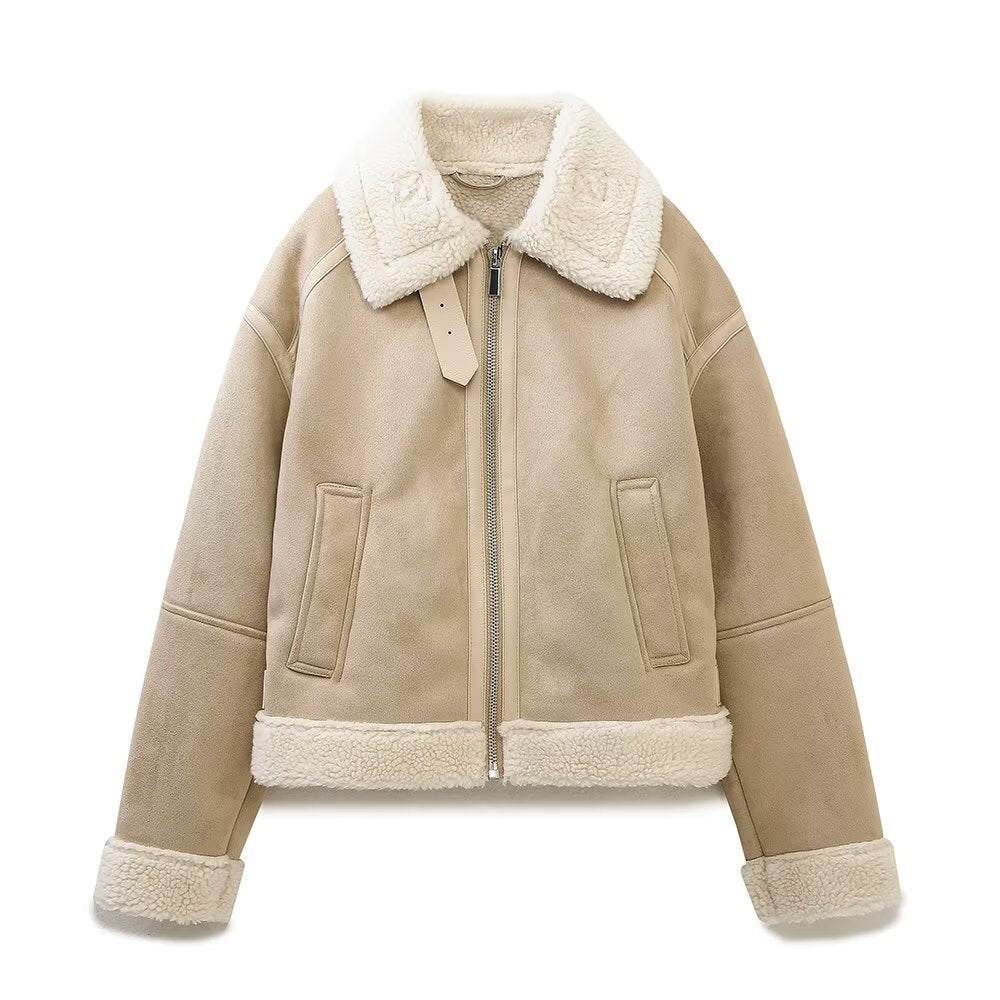Women's Short Aviator Jacket with Teddy Lining and Faux Leather Look Fashion Glam