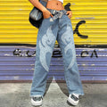 Women Baggy Jeans with contrasting flame appliqués & raw hem Fashion Glam