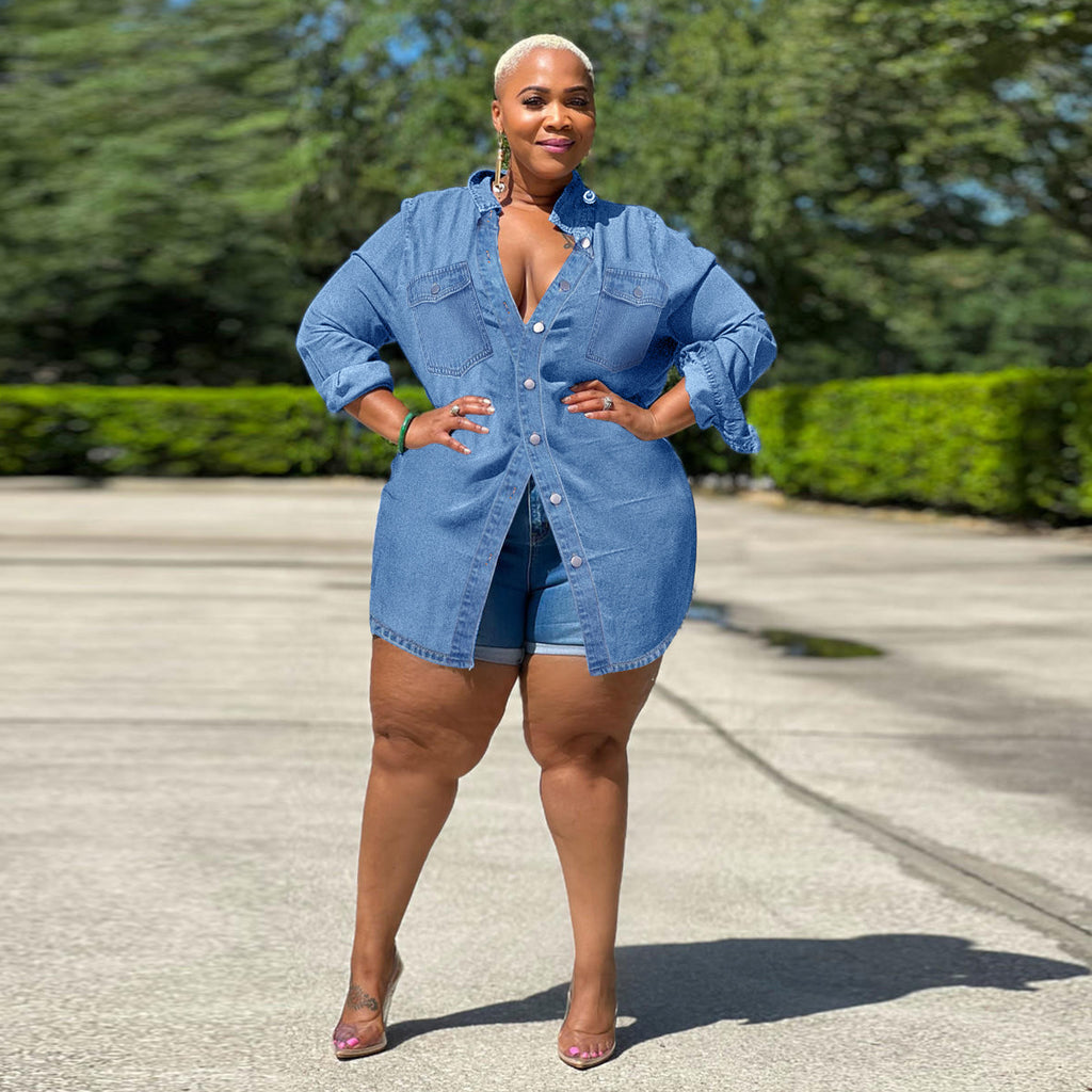 Ladies Oversized Denim Shirt Blouse in Longline Cut with Rolled Sleeves and Breast Pockets Fashion Glam