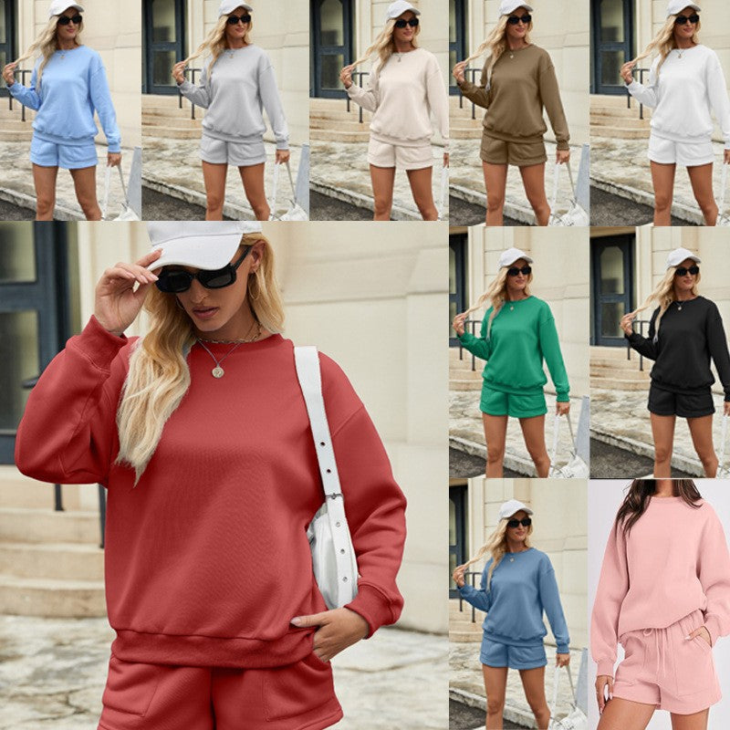 Women's Casual Two-Piece Lounge Sweatset with Oversized Round Neck Sweatshirt and High-Waist Relax Shorts Fashion Glam