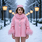 Ladies Short Boxy Coat Jacket with Feather Trimmed Collar and Cuffs Fashion Glam