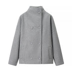 Women's Boxy Wool Blend Caban Jacket with Stand Collar and Dropped Shoulders Fashion Glam