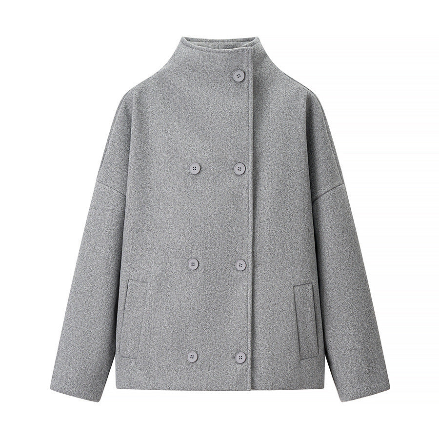 Women's Boxy Wool Blend Caban Jacket with Stand Collar and Dropped Shoulders Fashion Glam