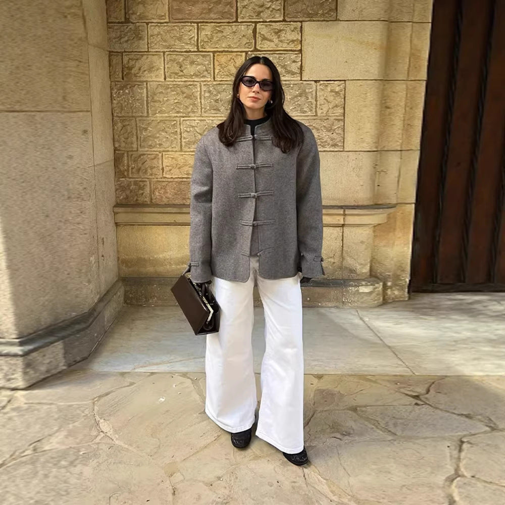 Women's Oversize Wool Blend Jacket with Mandarin Collar and Toggle Closures Fashion Glam