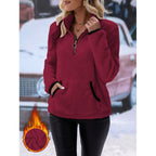 Women's fluffy fleece cuddle pullover with half zipper, kangaroo pocket and stand-up collar Fashion Glam