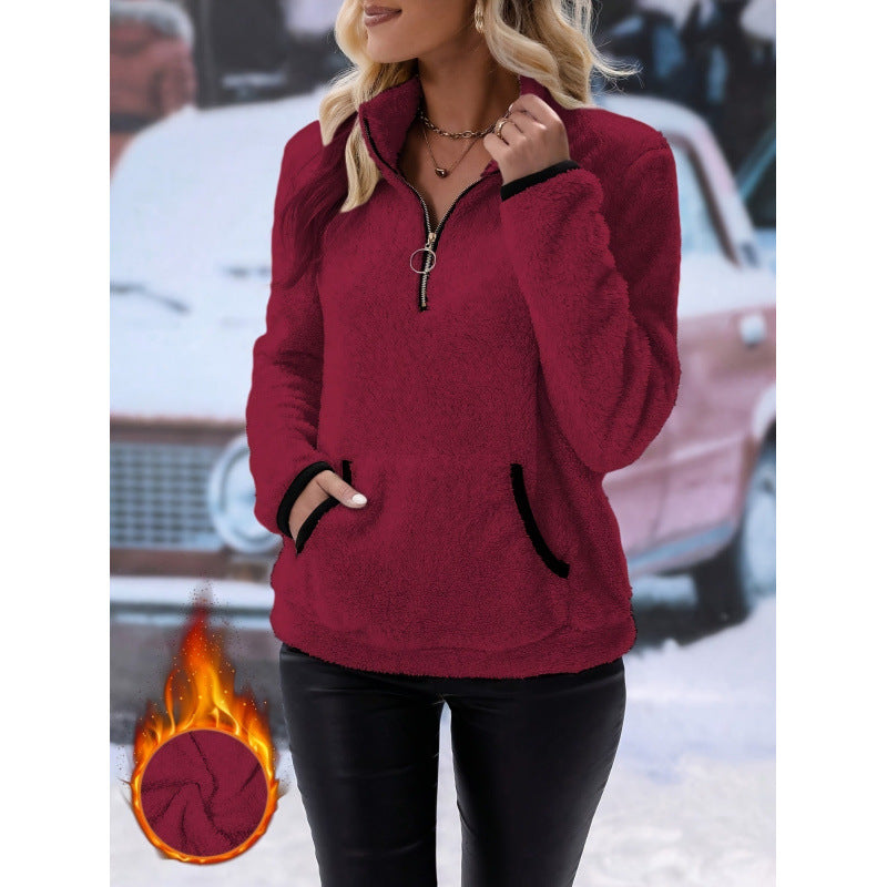 Women's fluffy fleece cuddle pullover with half zipper, kangaroo pocket and stand-up collar Fashion Glam
