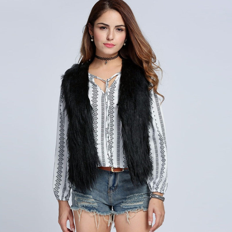 Women's Sleeveless Long Pile Shaggy Faux Fur Vest with Draped Lapel and Concealing Longline Silhouette Fashion Glam