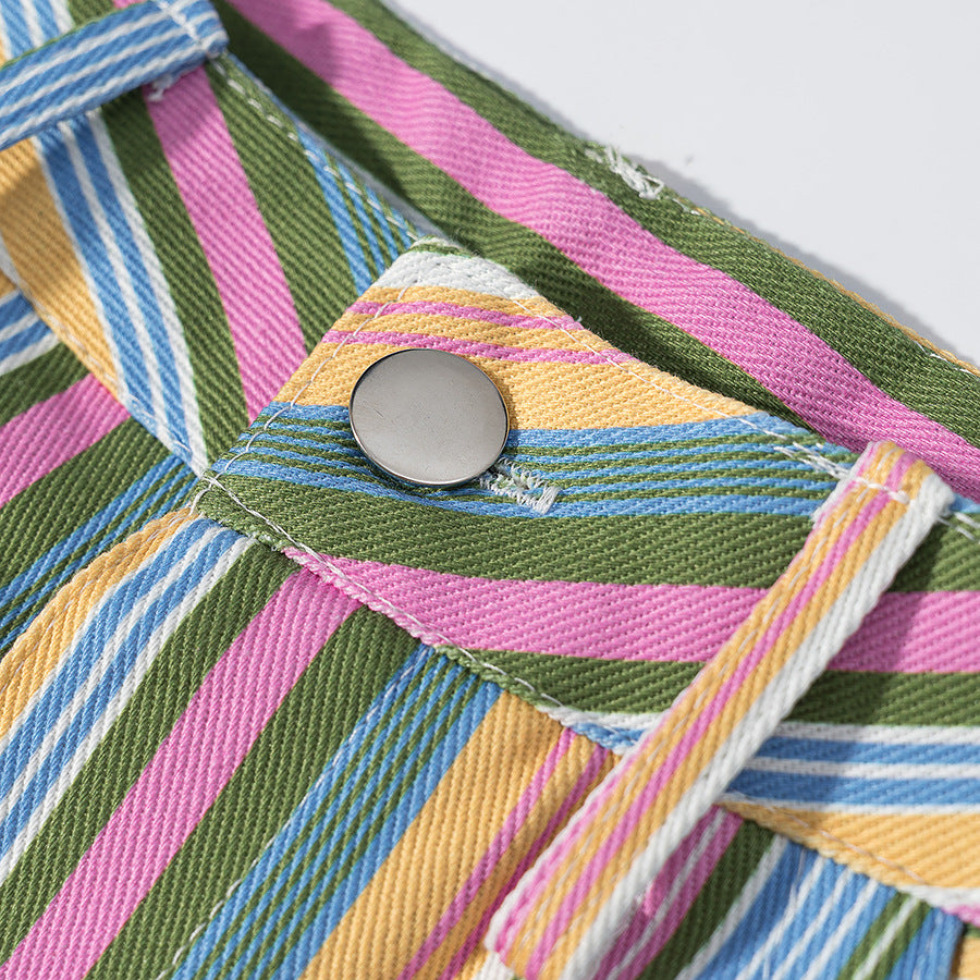 Women's straight-cut high-waisted pants with vertical multi-stripe pattern and five-pocket cut Fashion Glam