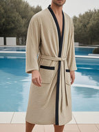 Men's lightweight cotton kimono bathrobe with waffle texture and patch pockets Fashion Glam