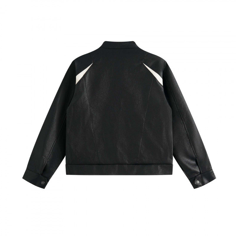 Unisex Boxy-Leather Look Bomber Jacket with contrasting front pockets and stand-up collar Fashion Glam