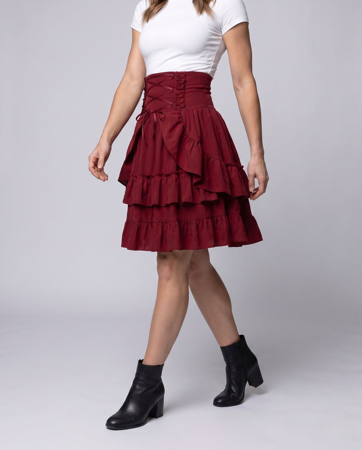 Women Sweet Ruffled Dress with Apron Design and Lacing Details Fashion Glam