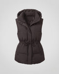 Women's quilted hooded vest with waist drawstring, padded thermal filling, and generous side pockets
