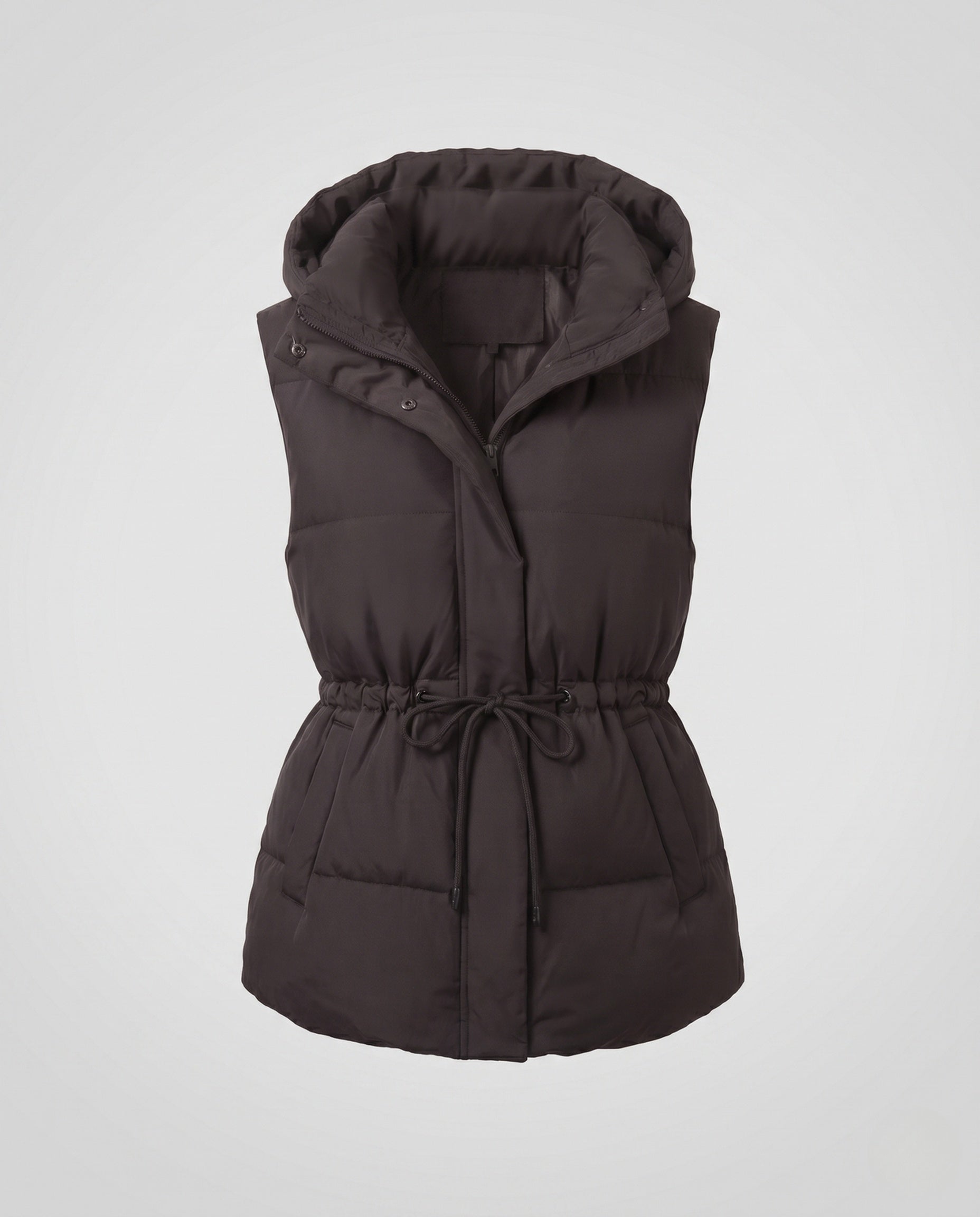 Women's quilted hooded vest with waist drawstring, padded thermal filling, and generous side pockets