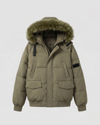 Women's short urban thermal parka with detachable faux fur trim, raglan sleeves, and concealed two-way zipper