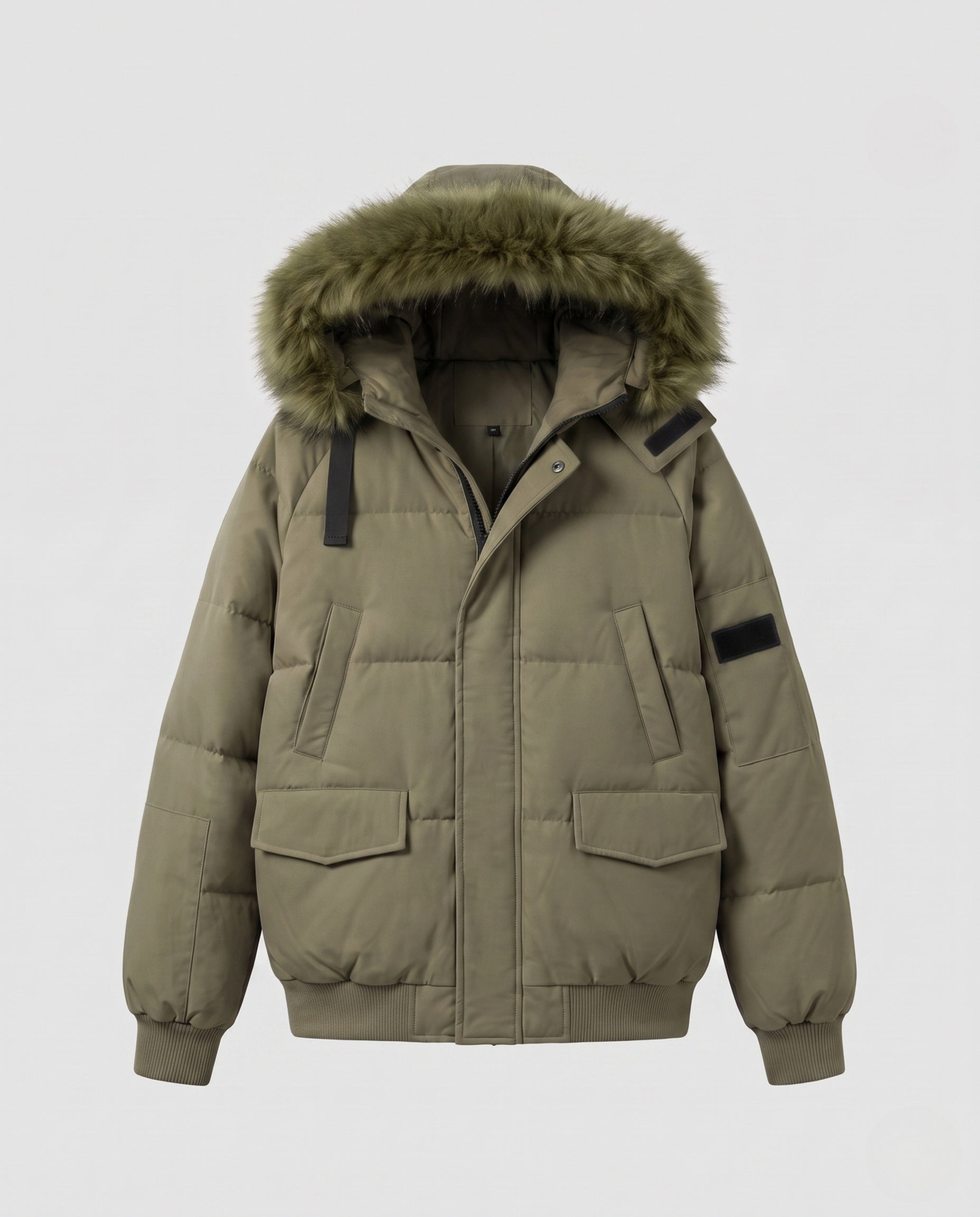 Women's short urban thermal parka with detachable faux fur trim, raglan sleeves, and concealed two-way zipper