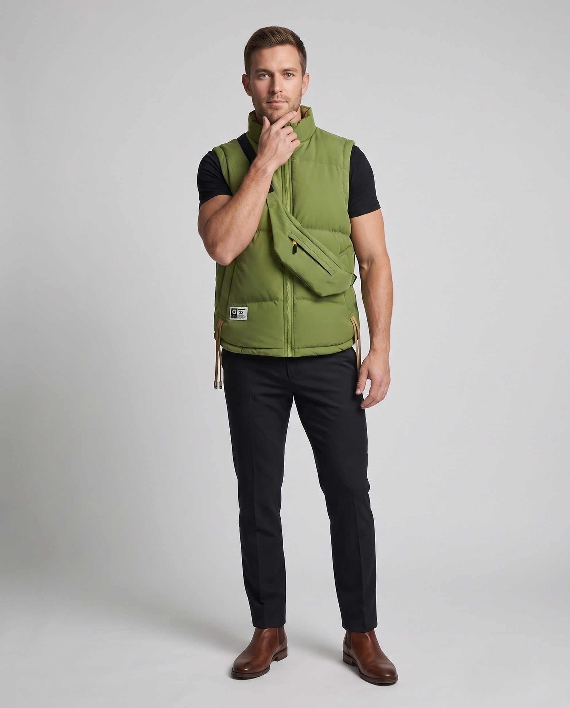 Men's Urban Quilted Vest Set with Integrated Crossbody Bag and Adjustable Hem