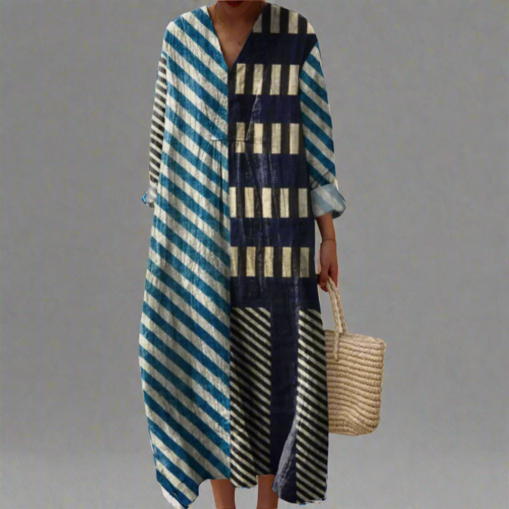 EMERSYN – MODERN PATCHWORK STRIPED MIDI DRESS