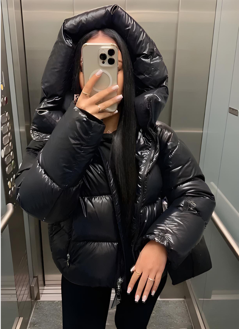 Fashion Glam | Women's Shiny Puffer Jacket with Hood and Padding