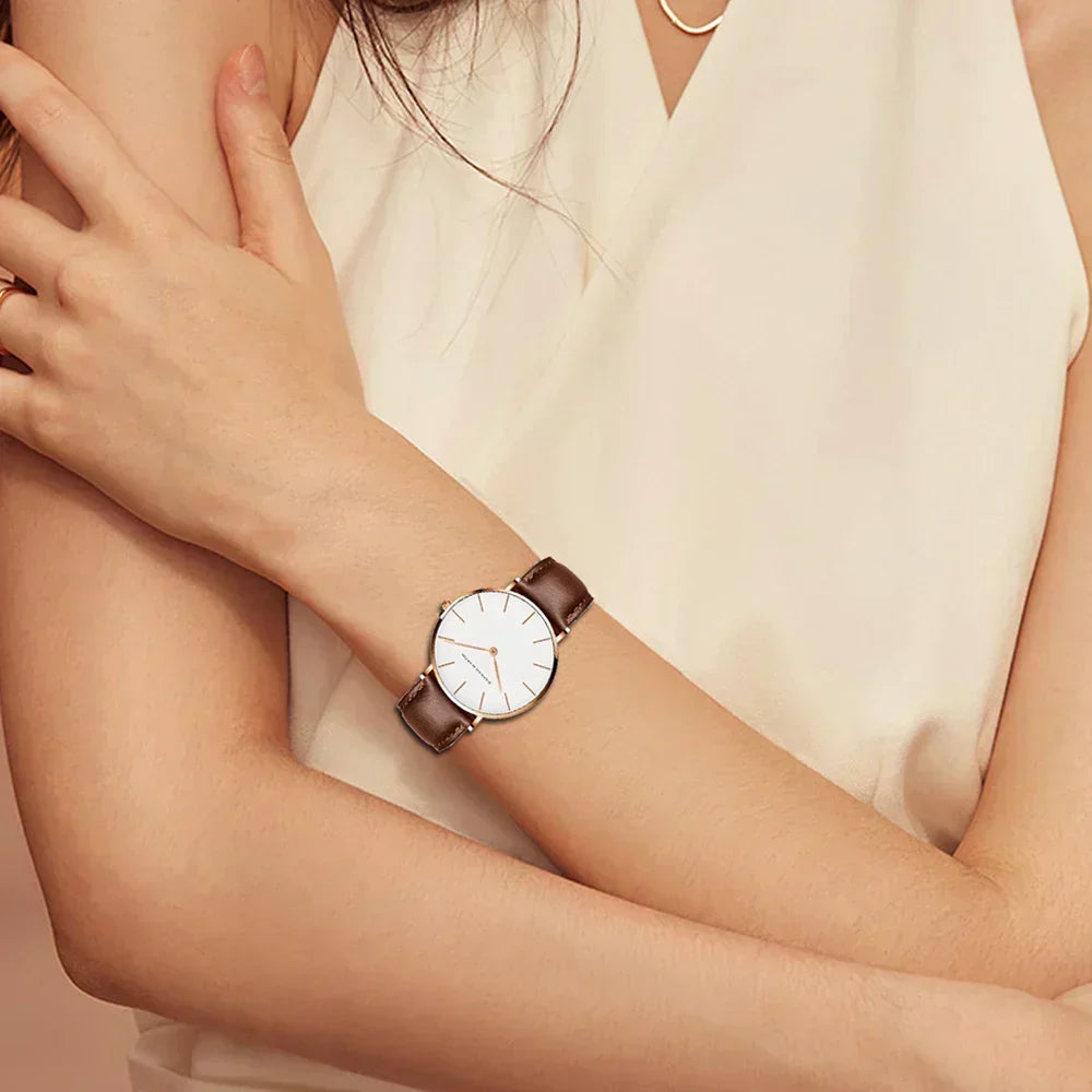 Fashion Glam | Round Timeless Minimalistic Watch With Leather Strap For Women